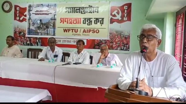 CPM leader Manik Sarkar speaking at an Anti-war event of Tripura unit of CITU on Sep 1, 2024